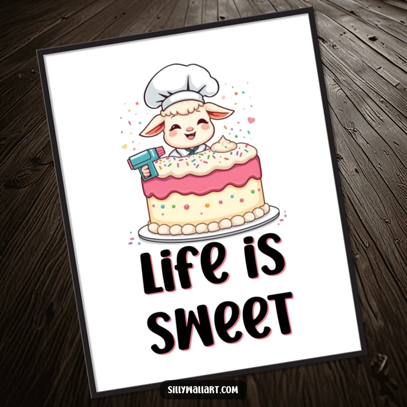 Funny poster art of a giggling lamb chef using a sprinkle gun to frost a giant cake, capturing playful baking.