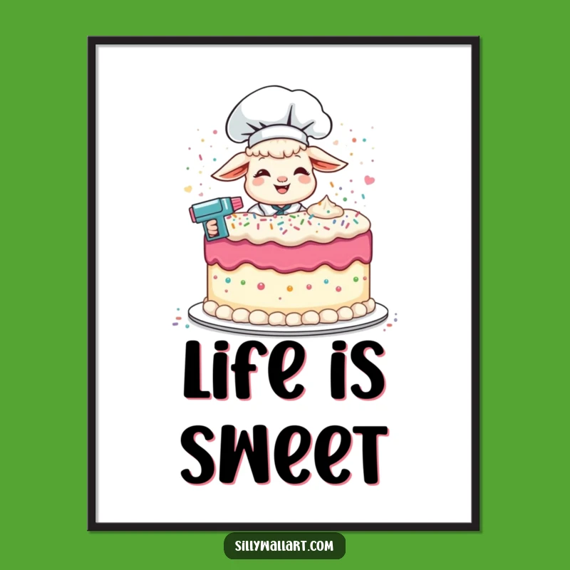 Funny Lamb Chef Poster: Giggling Baker Frosts Cake Art