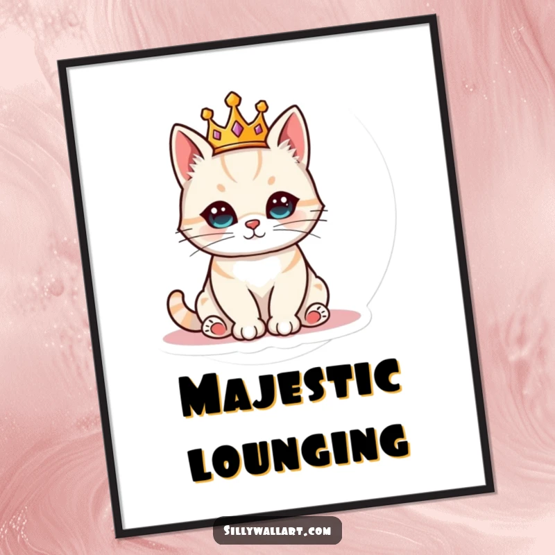 Funny cat wearing a small crown, sitting like royalty on a poster, ideal for elegant and humorous wall art.