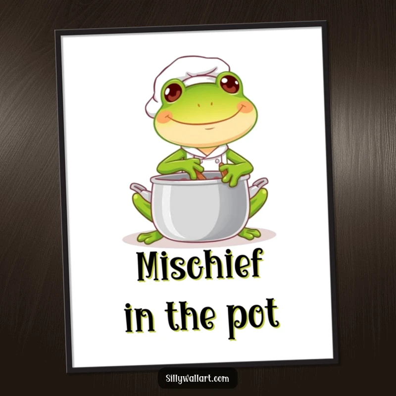 Funny poster art of a joyful frog chef cheerfully stirring a pot with a mischievous glint, capturing playful culinary energy.