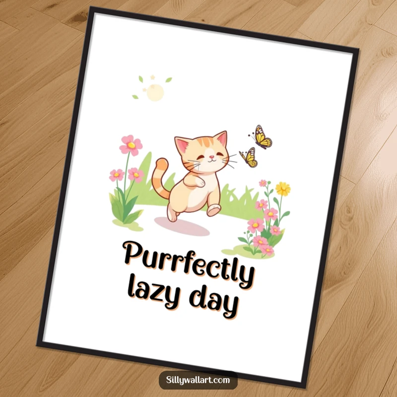 Funny poster showcasing a cat's energetic pursuit of a fluttering butterfly in a lush, sun-drenched garden.