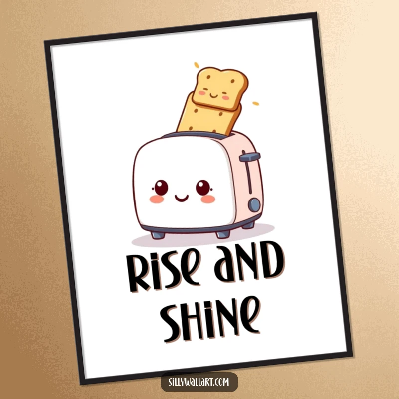 Funny poster, a smiling toaster launching toast upwards, celebrating breakfast joy and kitchen humor.