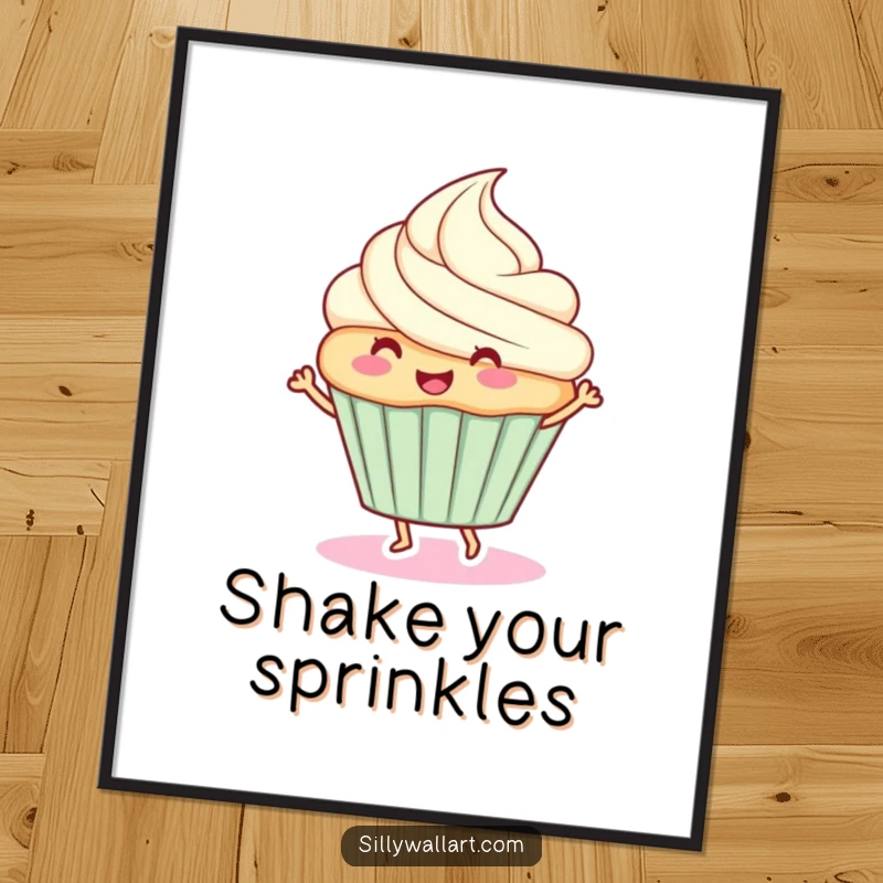 Funny poster: A happy cupcake with sprinkles, joyfully dancing, bringing a dose of sweet cheer to any room.