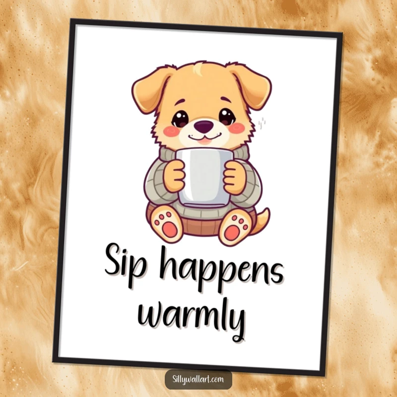 Funny dog wearing a knitted sweater and holding a steaming mug, on a vibrant poster.