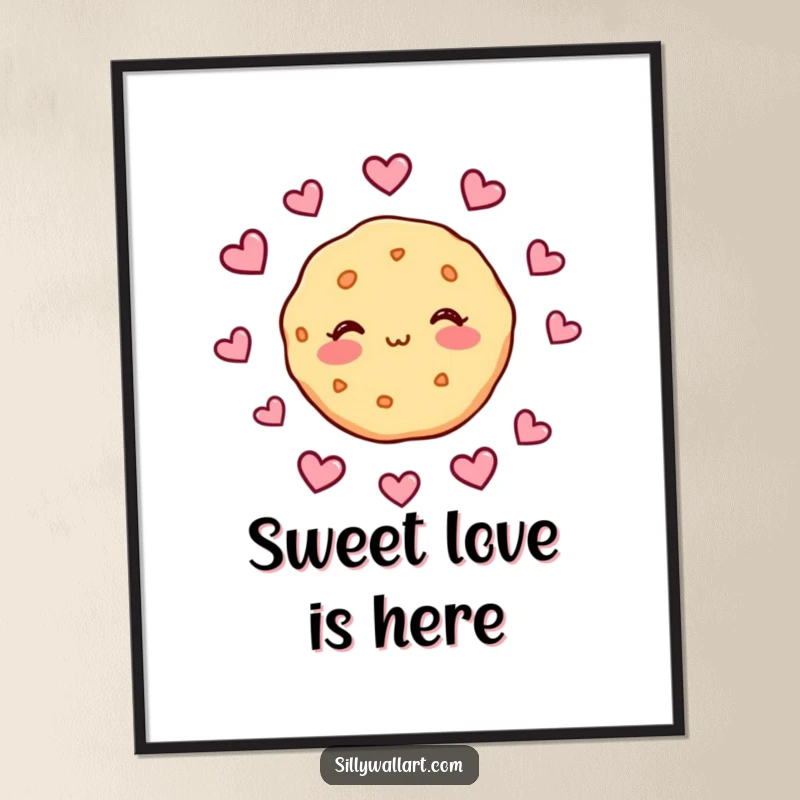 Funny poster of a shy cookie blushing with hearts floating around, bringing a sweet and humorous romantic vibe to any room's decor.