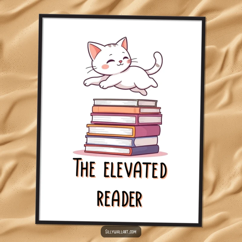 Funny poster featuring a sleek cat in mid-air, leaping gracefully over a stack of books, embodying agility and a love for reading.