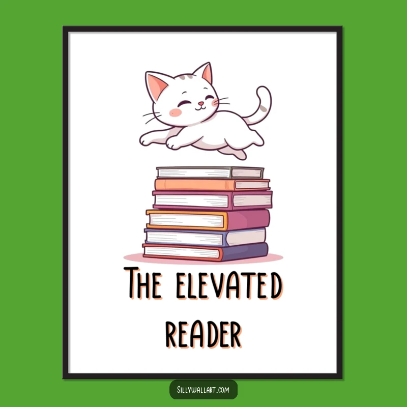 Funny Leaping Cat Art Print - Graceful Wall Decor for Book Lovers