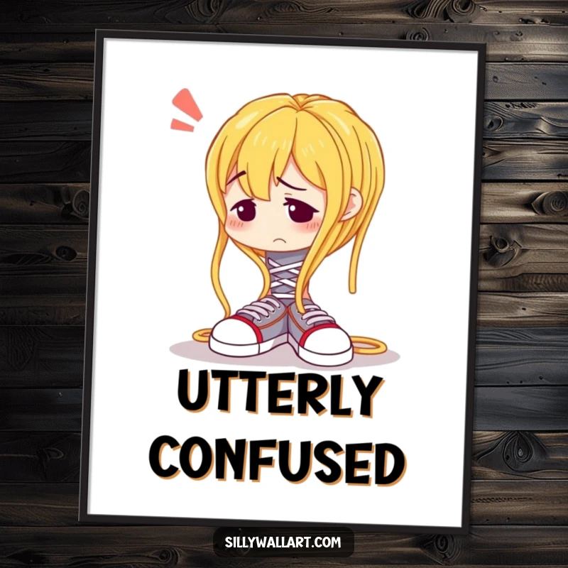 Funny poster showing a confused spaghetti noodle hilariously trying to tie its own shoelaces, humorous wall art.