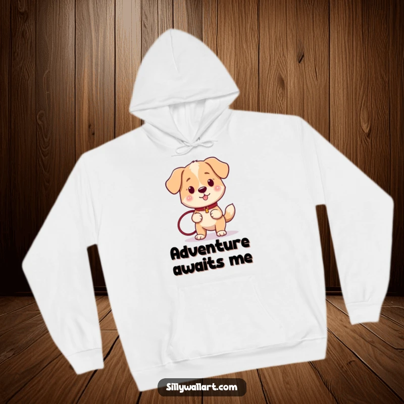 Funny dog with a happily wagging tail, holding a leash, ready for an outing, on a soft, warm hoodie.