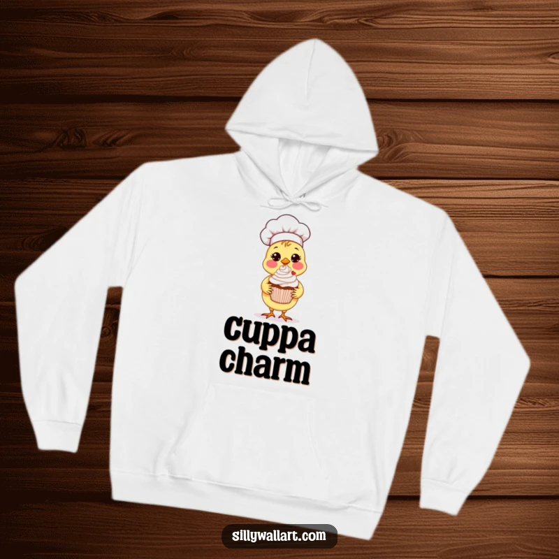 Funny Chick Chef Hoodie featuring a sweet chick chef proudly presenting a decorated cupcake, perfect for cozy days.
