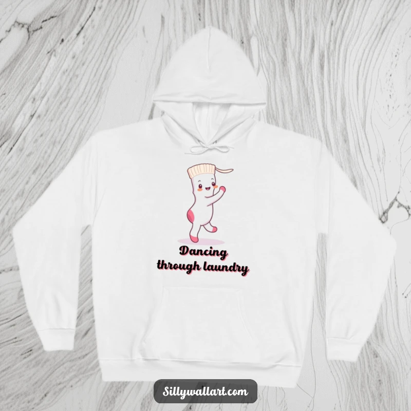 Funny sock and dryer sheet in a tango pose, depicted on a cozy hoodie for warm and humorous comfort.