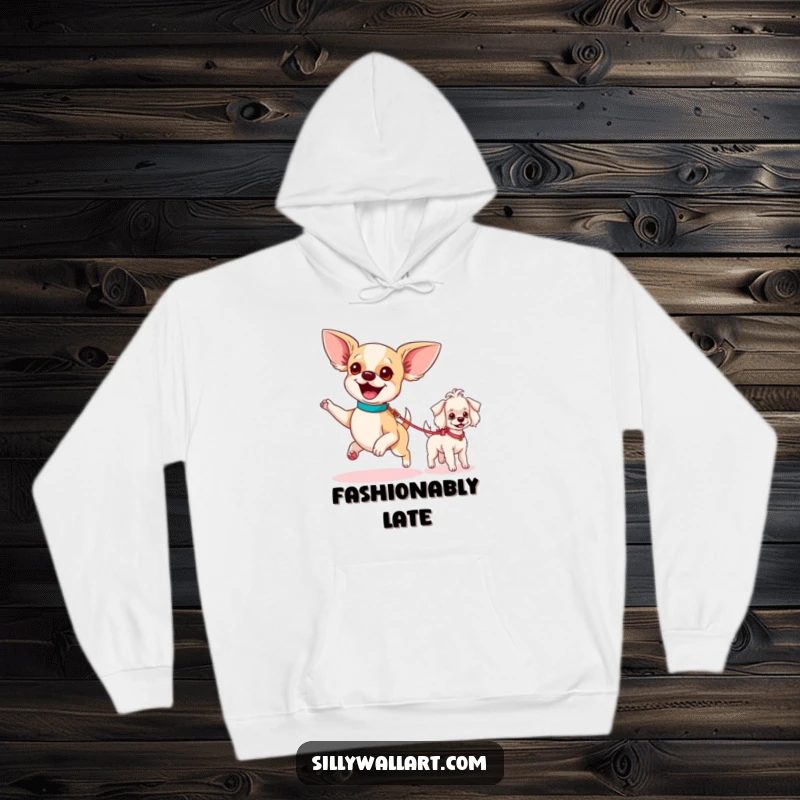 Funny hoodie featuring a chihuahua excitedly parading a tiny poodle on a leash, offering cozy comfort and humorous doggy charm.