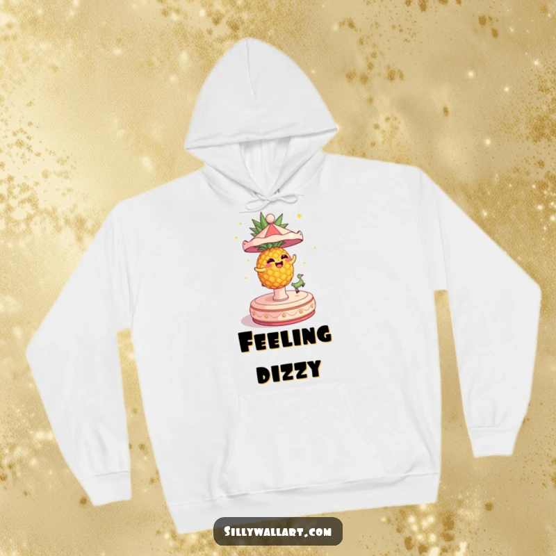 Funny Hoodie with a dizzy pineapple spinning wildly on a carousel, cozy and humorous.