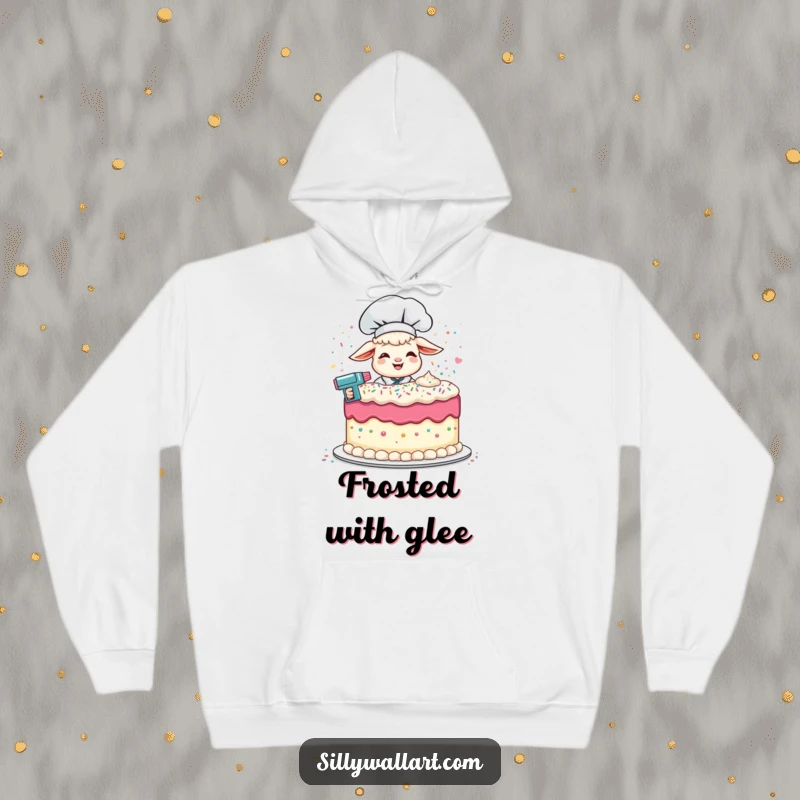 Funny hoodie showcasing a giggling lamb chef playfully frosting a cake with a sprinkle gun, a symbol of warm, sweet joy.