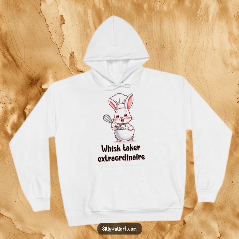 Funny Bunny Chef Hoodie featuring a smiling bunny in a chef hat, whisking a bowl with enthusiasm.