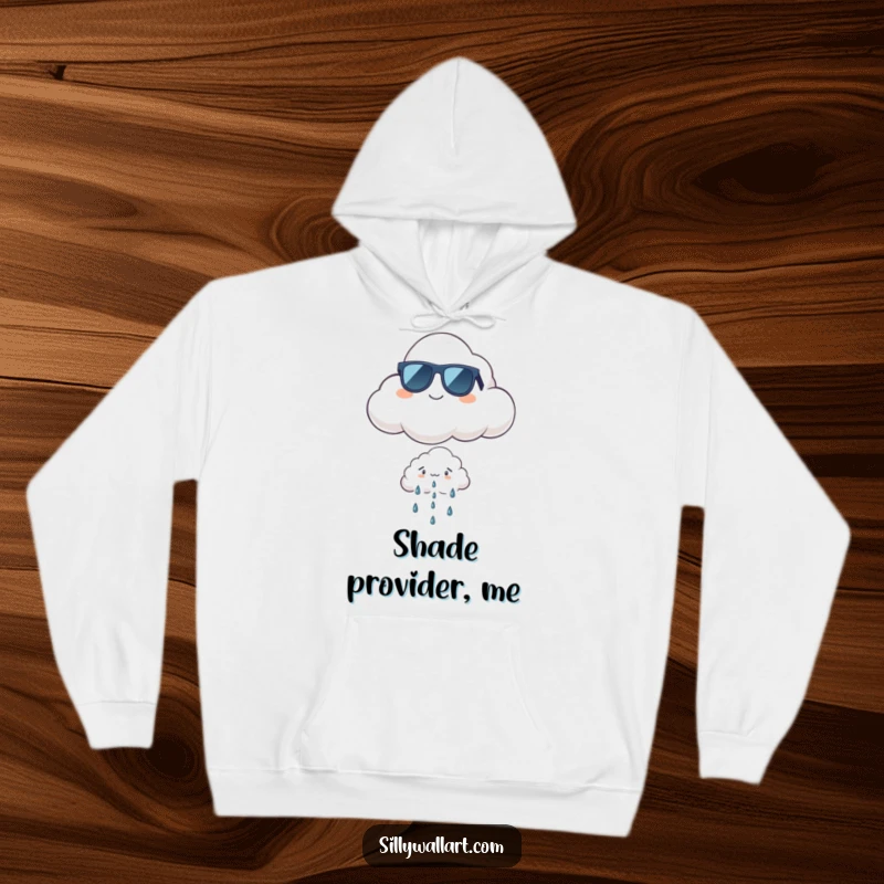 Funny cool cloud hoodie with a proud cloud in sunglasses floating above a tiny, worried rain cloud, perfect for cozy weather.