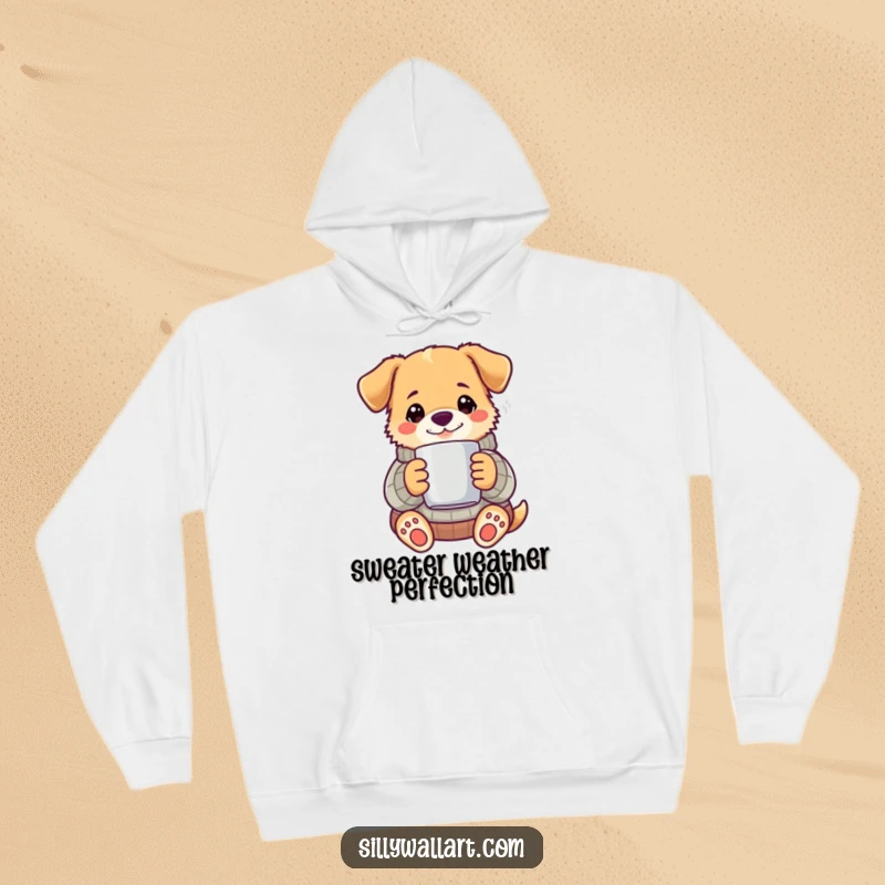 Funny dog wearing a stylish sweater and holding a steaming mug, on a soft, warm hoodie.