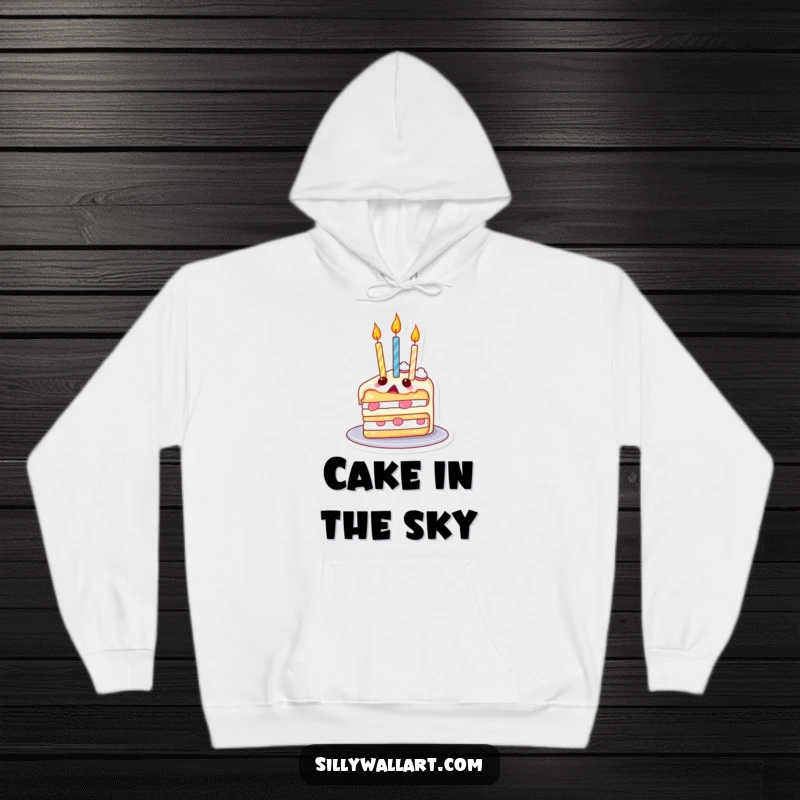 Funny hoodie with a surprised slice of cake, its candles floating upwards like balloons, exuding whimsical charm and birthday fun.