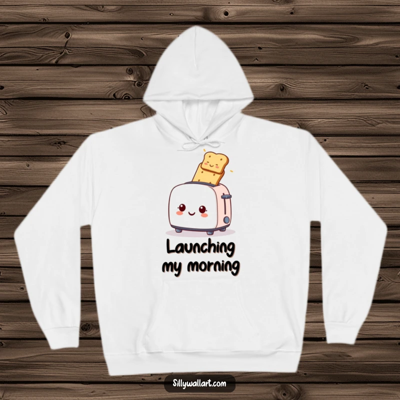 Funny hoodie, a smiling toaster launching toast, bringing warm breakfast humor and cozy vibes.