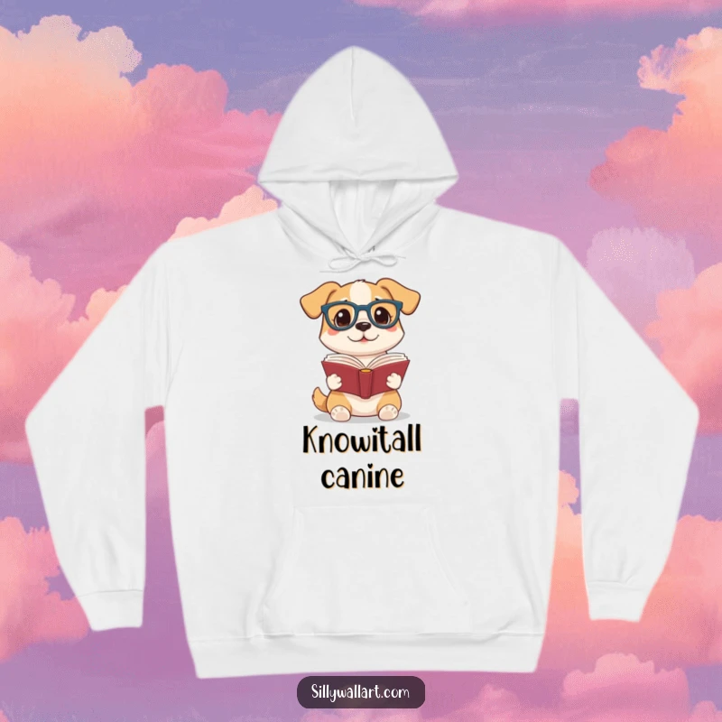Funny hoodie depicting a scholarly dog wearing reading glasses and holding a book, ideal for bookworms seeking comfort and humor, a truly unique gift.
