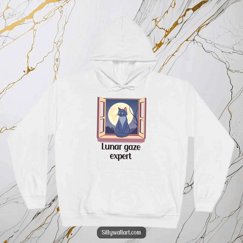 Funny cat silhouetted on a window sill against a moon on a soft hoodie, perfect for cozy nighttime wear.
