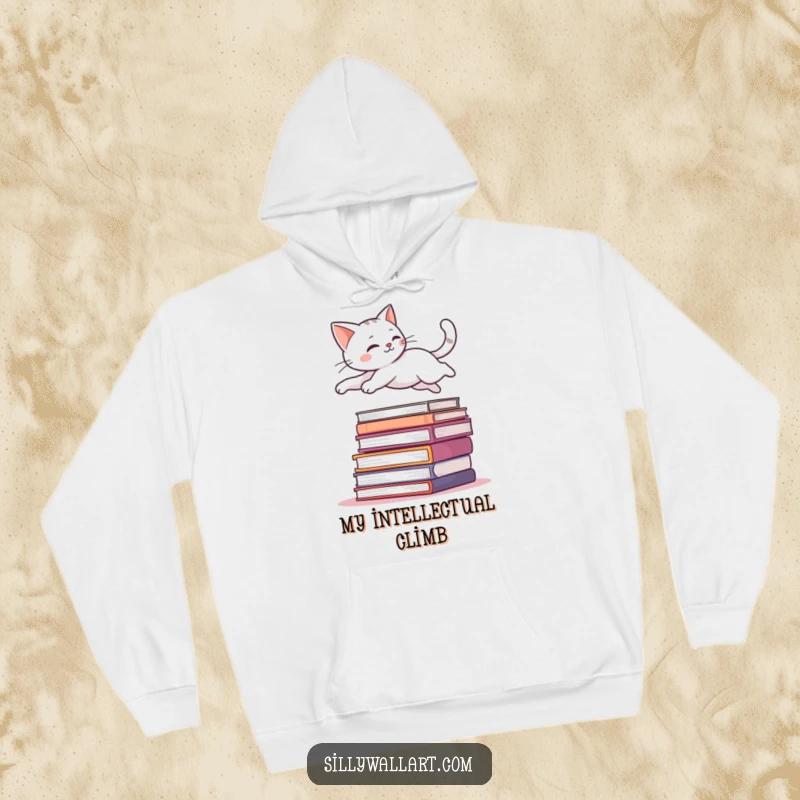 Funny hoodie illustrating a sleek cat performing a graceful leap over a towering stack of books, showcasing feline athleticism.