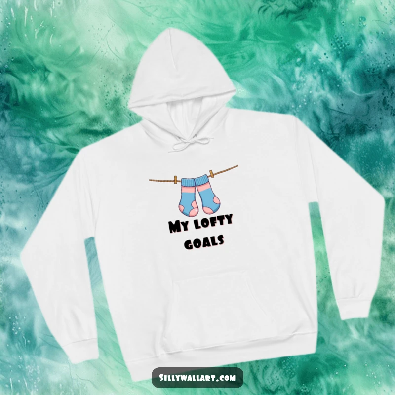 Funny hoodie, socks tangled on a clothesline like kites, bringing cozy humor and laundry day vibes.