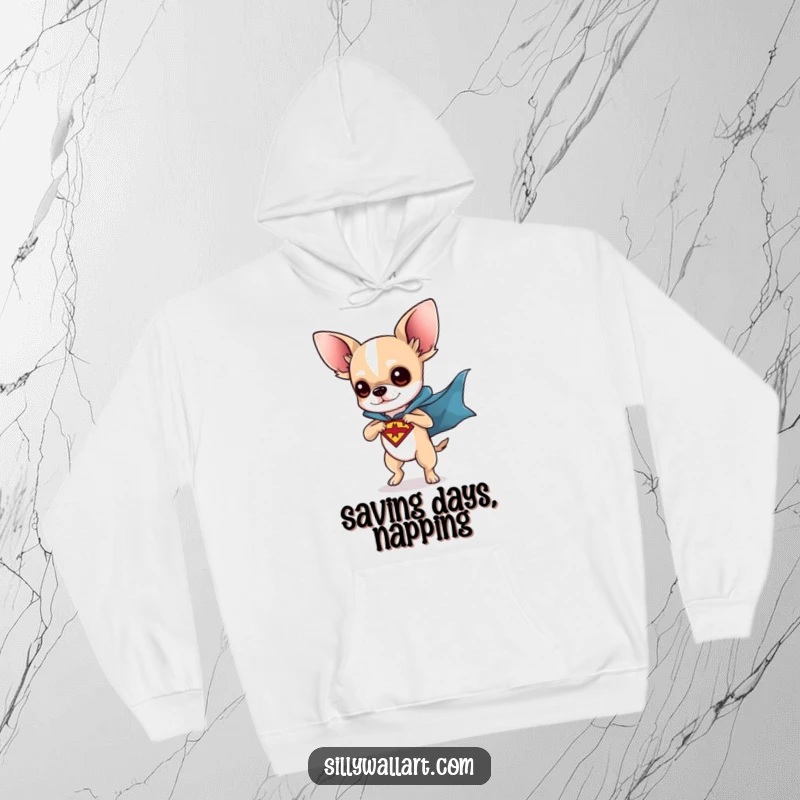 Funny hoodie showing a chihuahua in a superhero cape, ready for action. Cozy and heroic attire for dog enthusiasts.