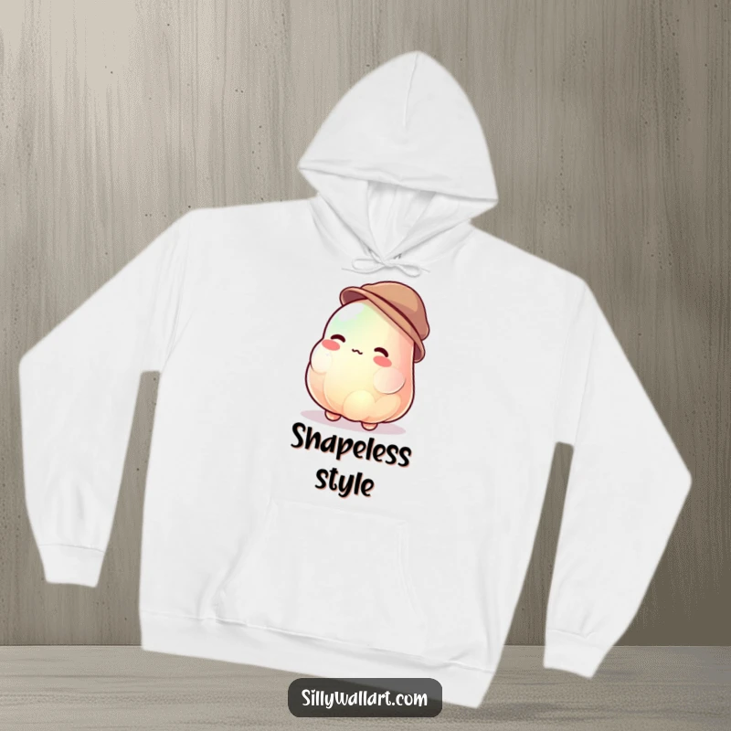 Funny jelly blob hoodie showing a jiggly character uncontrollably wobbling while trying to wear a tiny hat, offering cozy humor.