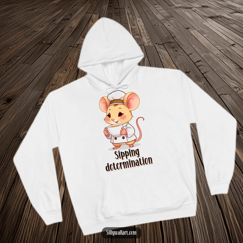Funny hoodie showcasing a determined little mouse chef holding a tiny, steaming teacup, a symbol of focus and warm comfort.