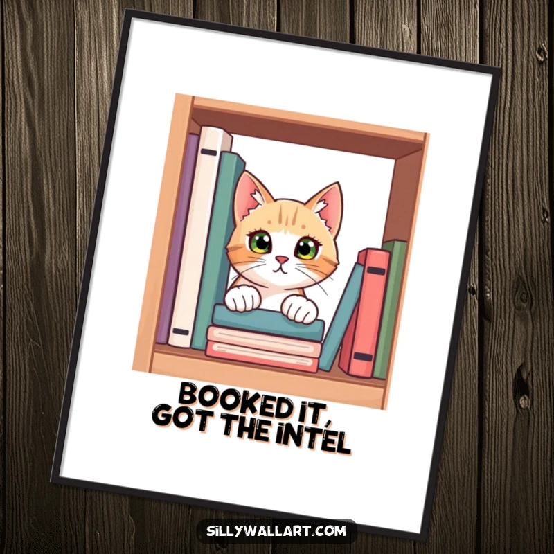 Funny Free Printable Wall Art: A curious cat is peeking its head out from behind a bookshelf brimming with books.