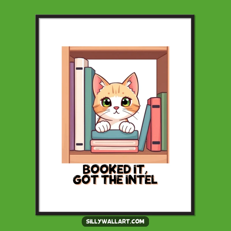 Free Printable Wall Art: Curious Cat Bookshelf Peek, Funny Downloadable Art for Cozy Nooks