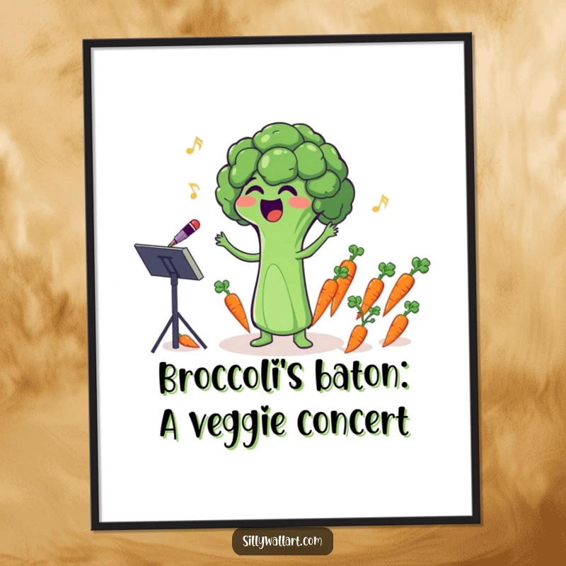 Funny Free Printable Wall Art: A singing broccoli floret conducts an orchestra of tiny carrots, bringing musical joy.