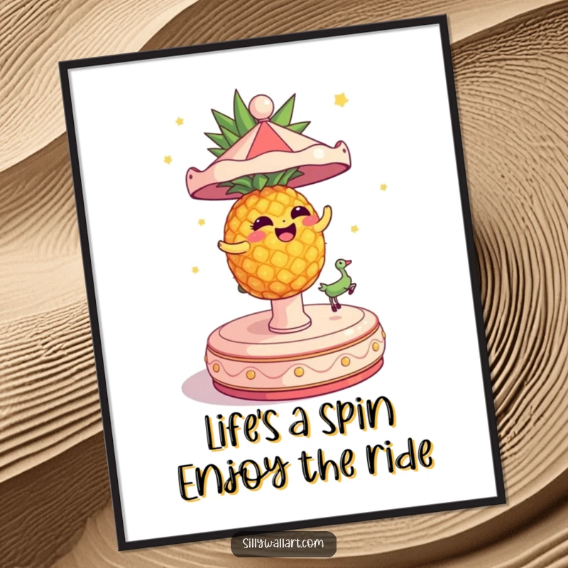Funny Free Printable Wall Art: A dizzy pineapple spins wildly on a carousel, bringing a fun, tropical vibe to any room.