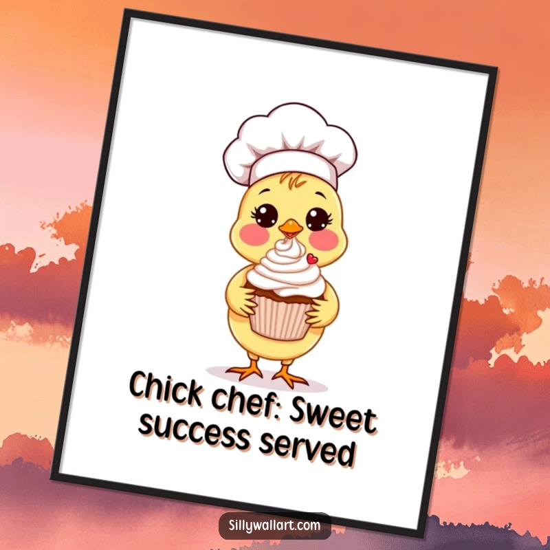 Funny free printable chick chef wall art, a sweet chick chef proudly presents a perfectly decorated cupcake.