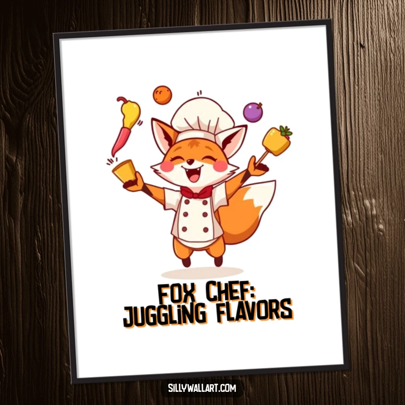 Funny free printable fox chef wall art, an energetic fox chef juggles colorful ingredients mid-air with excitement.