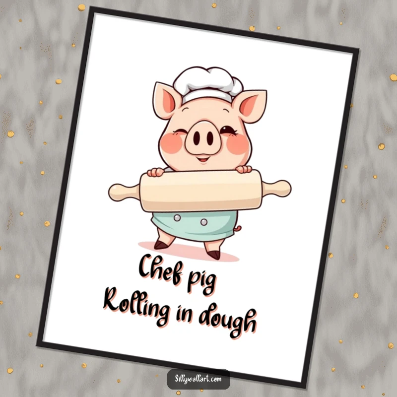 Funny free printable pig chef wall art, a cheerful pig chef winks while holding a gigantic rolling pin.