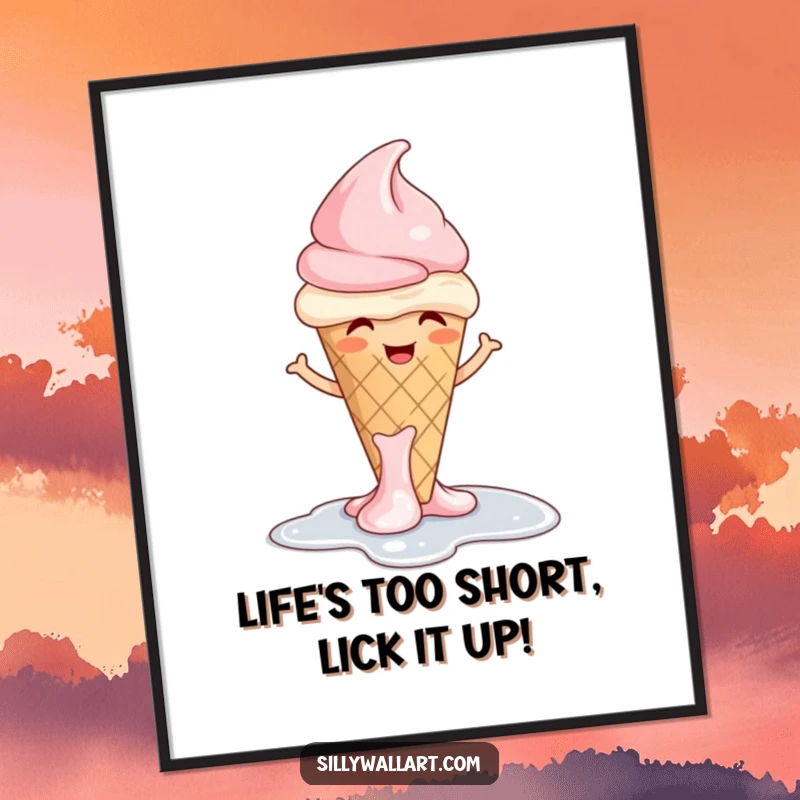 Funny Free Printable Wall Art of a giggling ice cream cone melting with a shrug, bringing whimsical and humorous vibes to your decor.