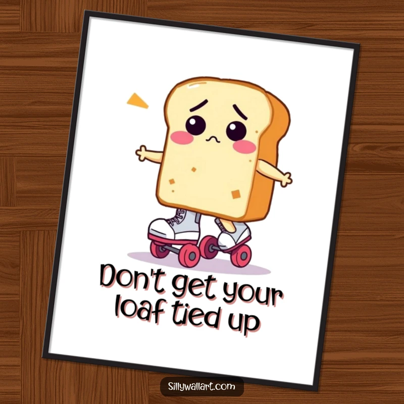 Funny Free Printable Wall Art: A loaf of bread looking confused while attempting to wear roller skates.