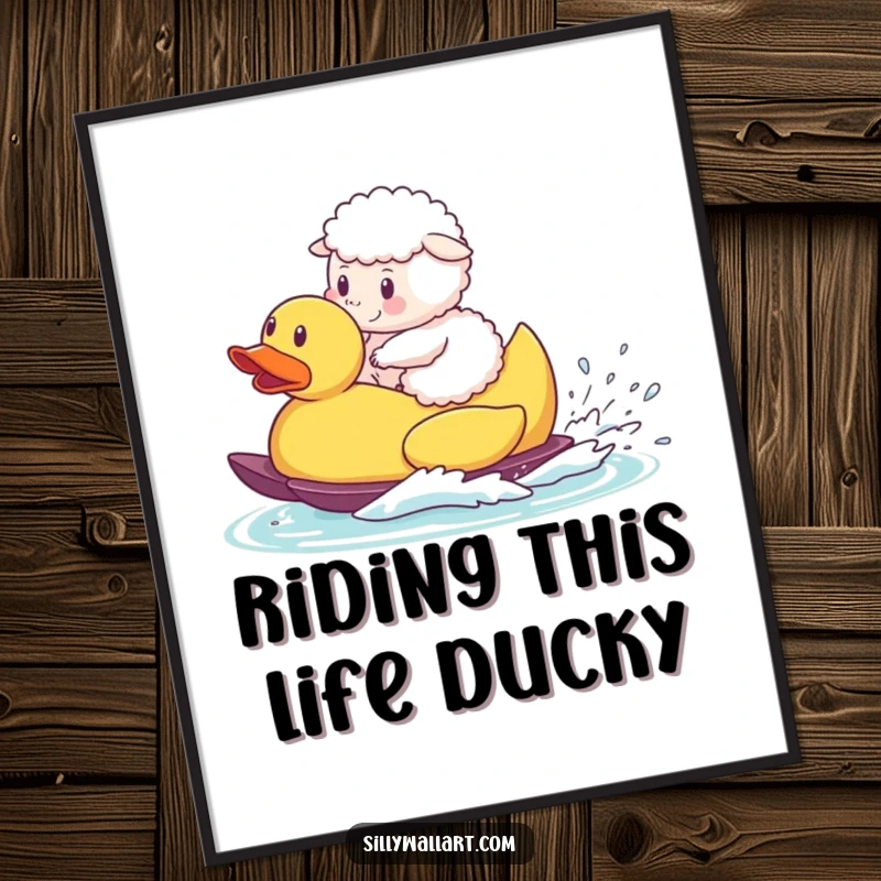 Funny free printable wall art showcasing a fluffy sheep waterskiing with extreme joy on a giant rubber duck.