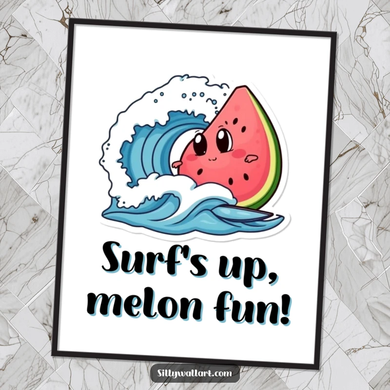 Funny Free Printable Wall Art: A slice of watermelon with googly eyes riding a surfboard on a large wave.
