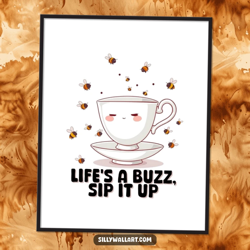 Funny Free Printable Wall Art: A teacup comically struggling to juggle a swarm of tiny, buzzing bees.