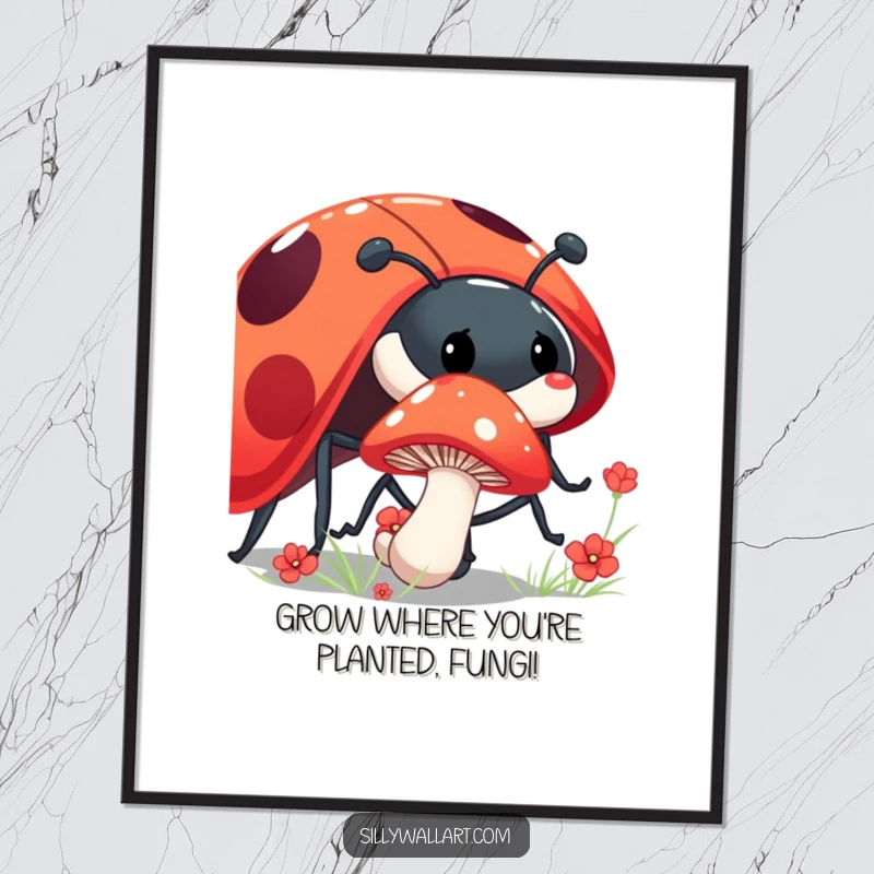 Funny Free Printable Wall Art of a shy mushroom peeking from behind a giant, laughing ladybug, creating whimsical and humorous decor.