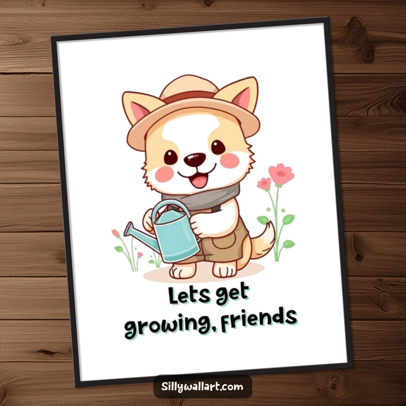 Cheerful Free Printable Wall Art: A dog in gardening attire holds a tiny watering can, adding a touch of nature and whimsy.