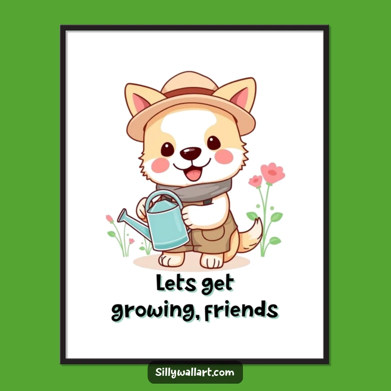 Free Printable Wall Art: Cheerful Gardening Dog, Downloadable Botanical Home Decor