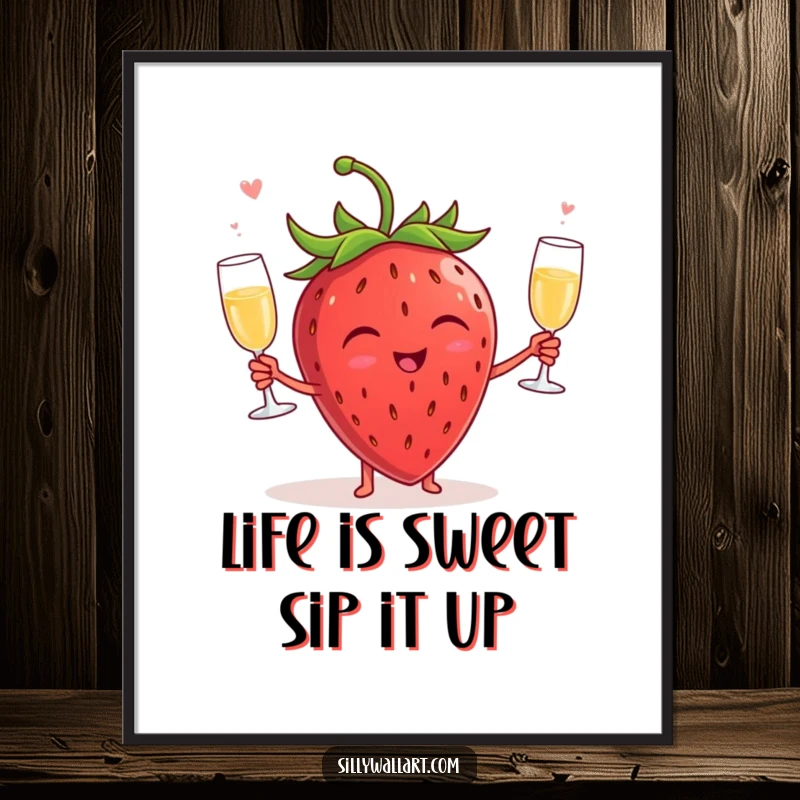Funny Free Printable Wall Art: A cheerful, giggling strawberry character is depicted juggling three miniature champagne glasses with playful energy.