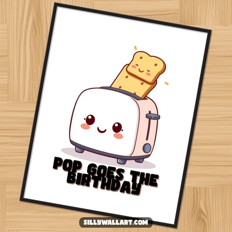 Funny free printable wall art depicting a smiling toaster enthusiastically launching a piece of perfectly toasted bread.