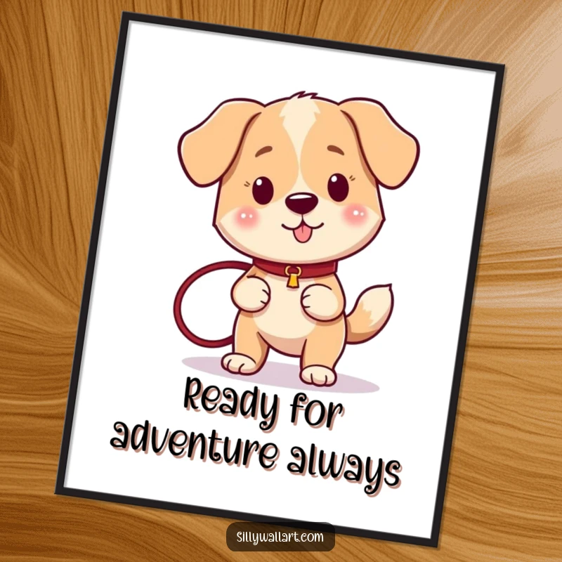 Funny Free Printable Wall Art: A joyful dog with a wagging tail holds a leash, ready for an adventure.