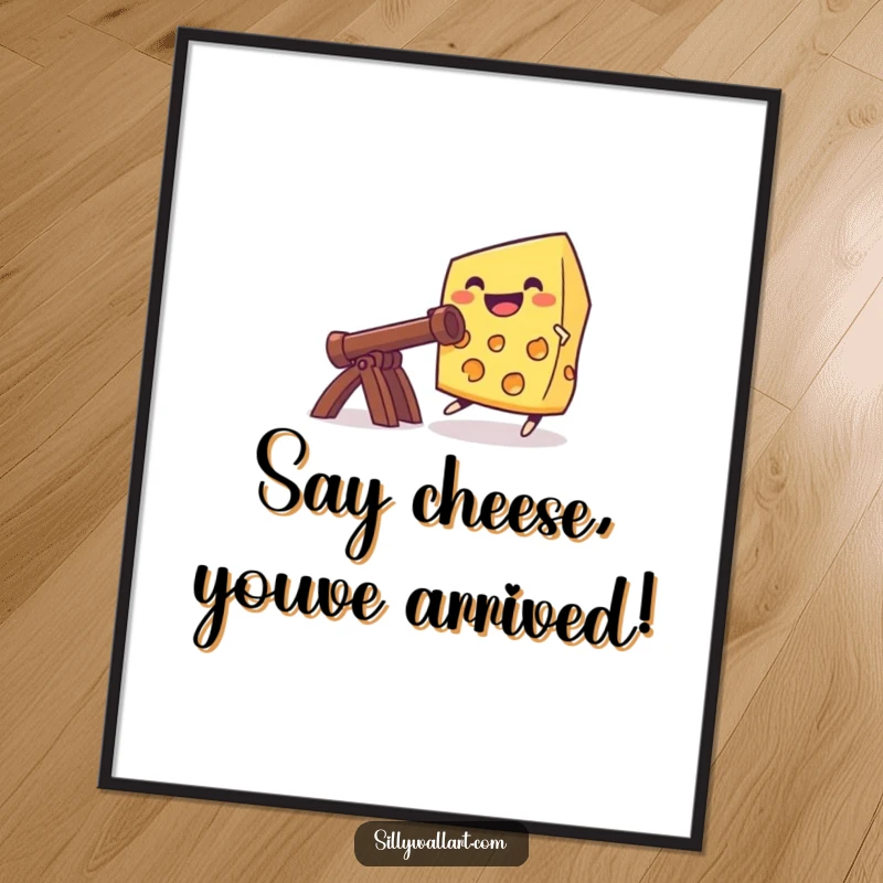 Funny free printable wall art of a grinning cheese wheel being launched mid-air from a wooden catapult.
