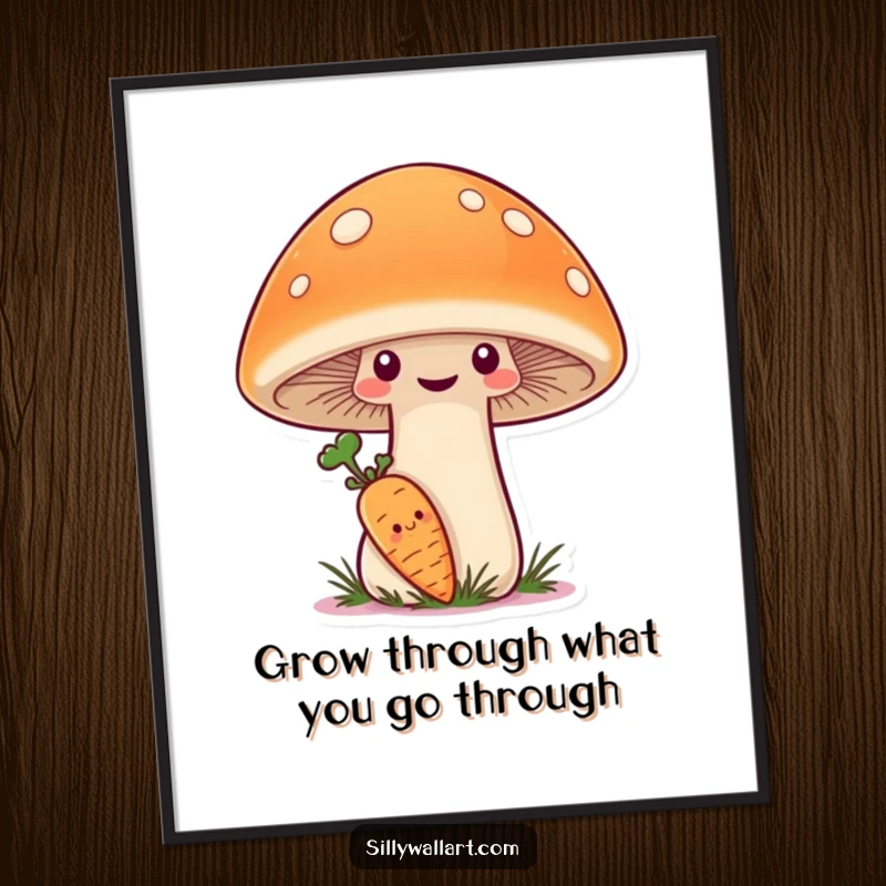 Funny Free Printable Wall Art: A shy carrot peeks from behind a giant smiling mushroom, creating a charming and whimsical scene.